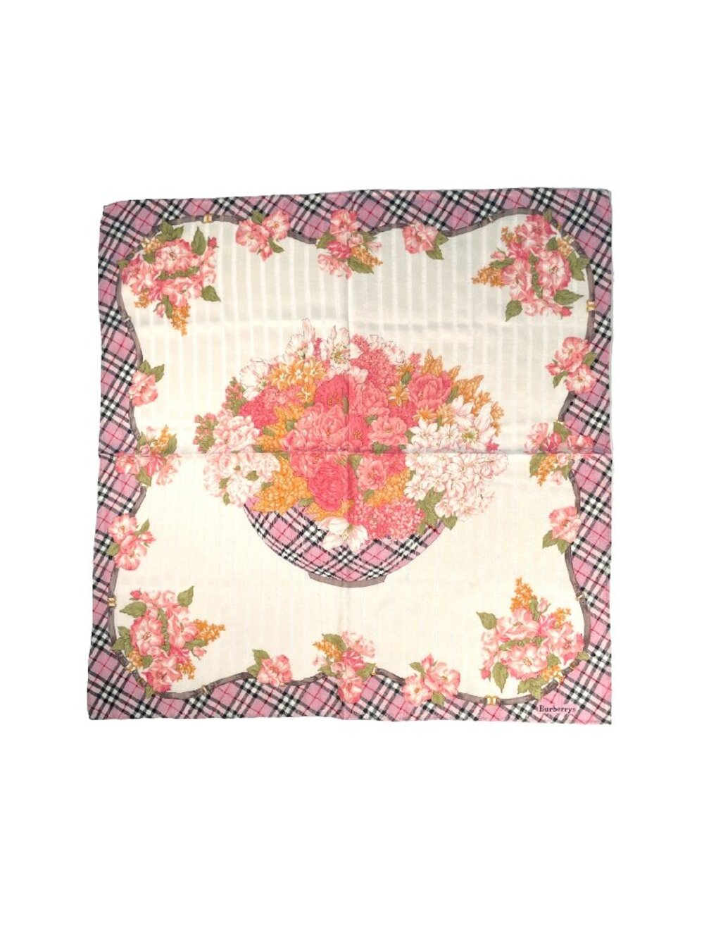 Vintage Burberrys Floral Plaid Cotton Scarf 22” Pink Basket Print